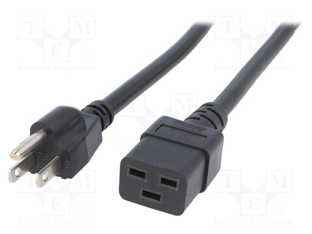 Cable; NEMA 5-15 (B) plug,IEC C19 female; 3m; black; PVC; 3x14AWG