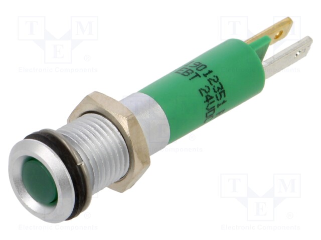 Indicator: LED; flat; green; 24VDC; Ø8mm; 2x0,8mm connectors; metal