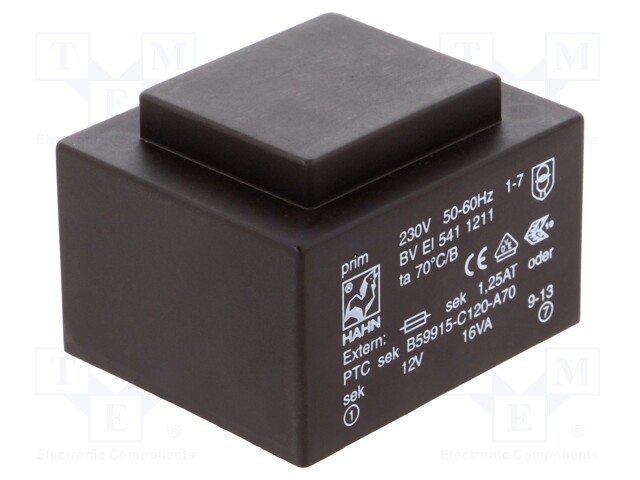 Transformer: encapsulated; 16VA; 230VAC; 12V; 1333mA; Mounting: PCB