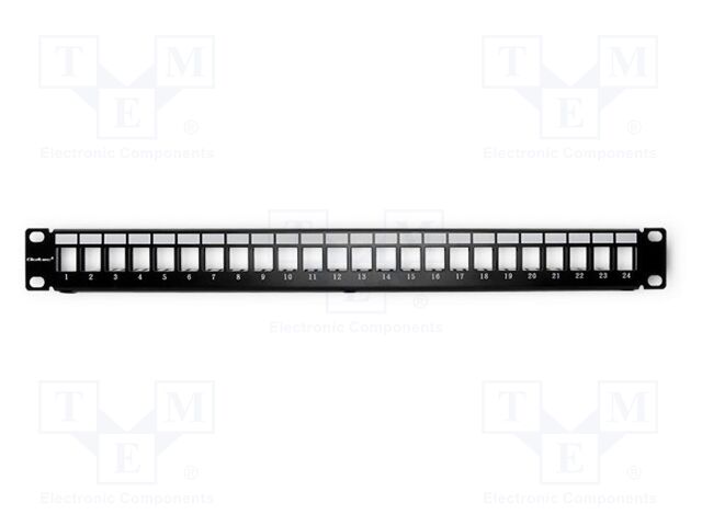 Patch panel; black; Number of ports: 24; RJ45 socket x24; RACK