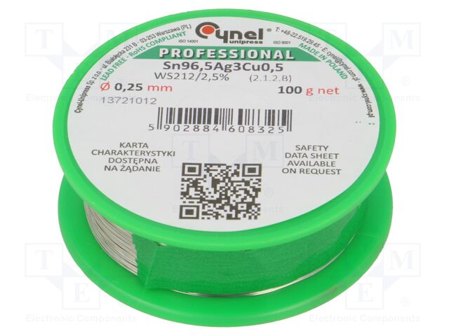 Soldering wire; Sn96,5Ag3Cu0,5; 0.25mm; 100g; lead free; reel