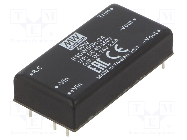 Converter: DC/DC; 60W; Uin: 40÷160V; Uout: 24VDC; Iout: 2.5A; 2"x1"