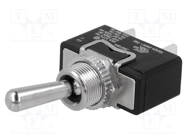 Switch: toggle; Pos: 2; SPST; (ON)-OFF; 16A/250VAC; Toggle: round