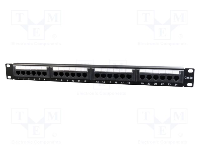 Patch panel; black; Number of ports: 24; Cat: 5e; RJ45 socket x24