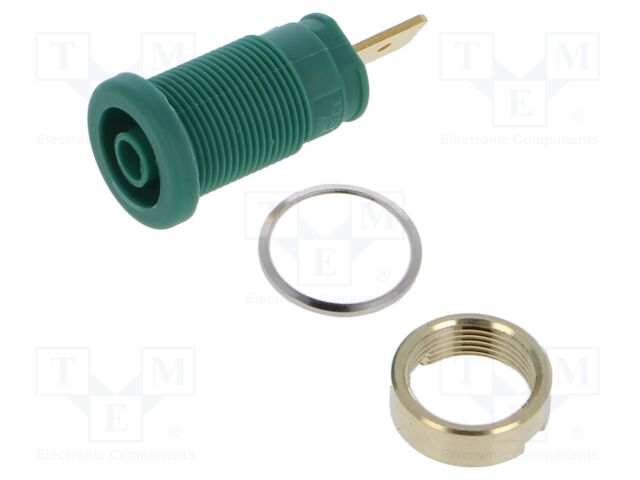 Connector: 4mm banana; socket; 32A; 1kV; green; gold-plated; 33mm