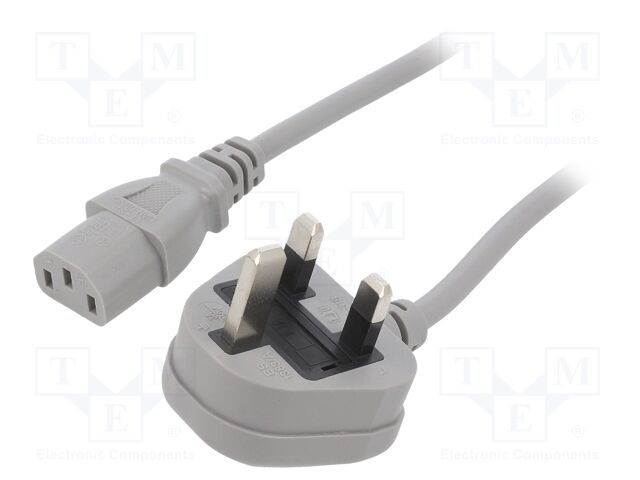 Cable; BS 1363 (G) plug,IEC C13 female; PVC; 2m; grey; 3x0,75mm2