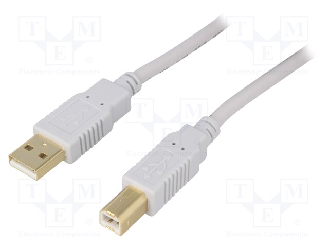 Cable; USB 2.0; USB A plug,USB B plug; gold-plated; 3m; grey