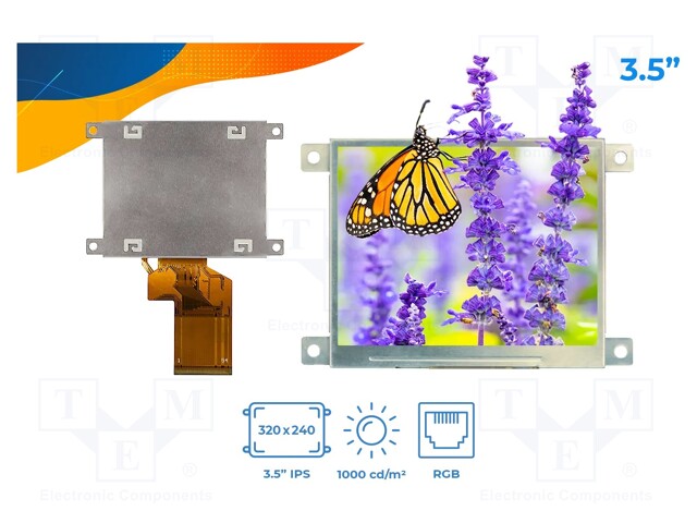 Display: TFT; 3.5"; 320x240; Window dimensions: 70.08x52.56mm