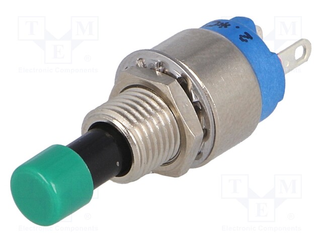 Switch: push-button; Pos: 2; SPST-NO; 0.6A/125VAC; 1A/30VDC; green