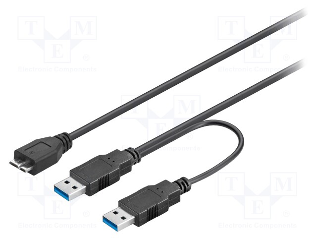 Cable; USB 3.0; USB A plug x2,USB B micro plug; 0.3m; black