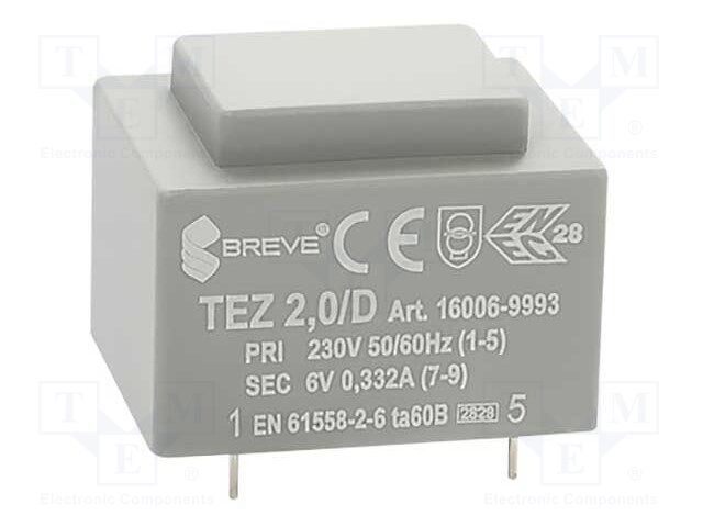 Transformer: encapsulated; 2VA; 230VAC; 6V; 333.3mA; Mounting: PCB