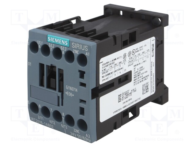 Contactor: 3-pole; NO x3; Auxiliary contacts: NC; 24VAC; 9A; 3RT20