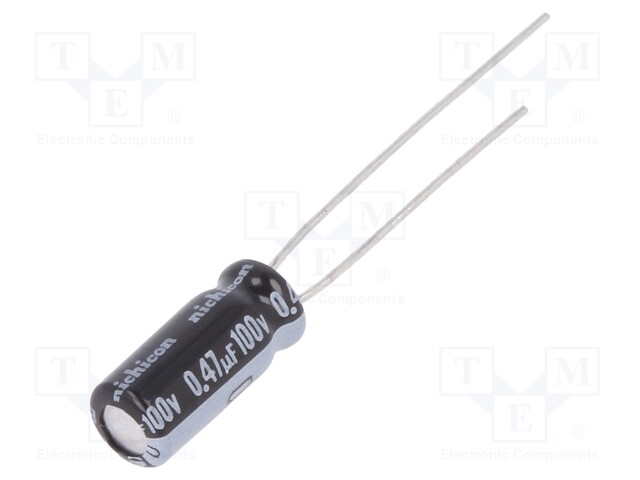 Capacitor: electrolytic; THT; 0.47uF; 100VDC; Ø5x11mm; Pitch: 2mm