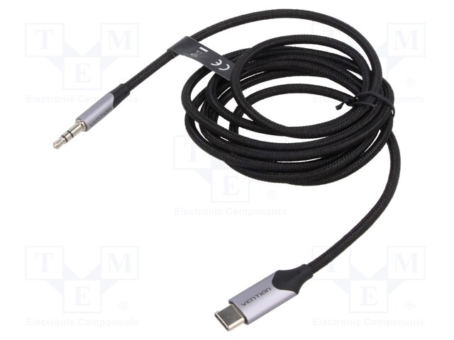 Cable; Jack 3.5mm 3pin plug,USB C plug; 1.5m; black; textile