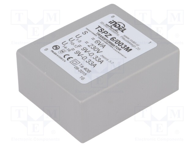 Transformer: encapsulated; 6VA; 230VAC; 9V; 9V; 0.33A; 0.33A; IP00