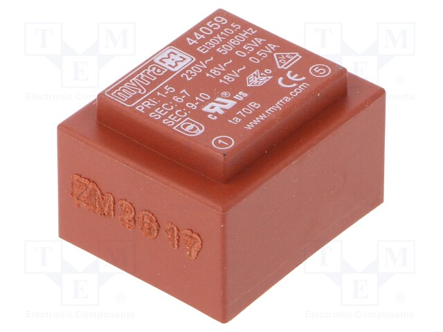 Transformer: encapsulated; 1VA; 230VAC; 18V; 18V; 28mA; 28mA