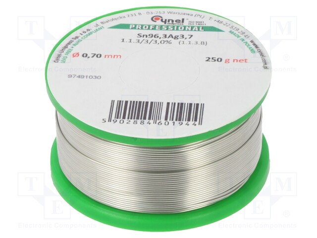 Soldering wire; Sn96,3Ag3,7; 0.7mm; 0.25kg; lead free; 3%