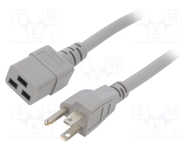 Cable; IEC C19 female,NEMA 5-15 (B) plug; PVC; 1.5m; grey; 15A