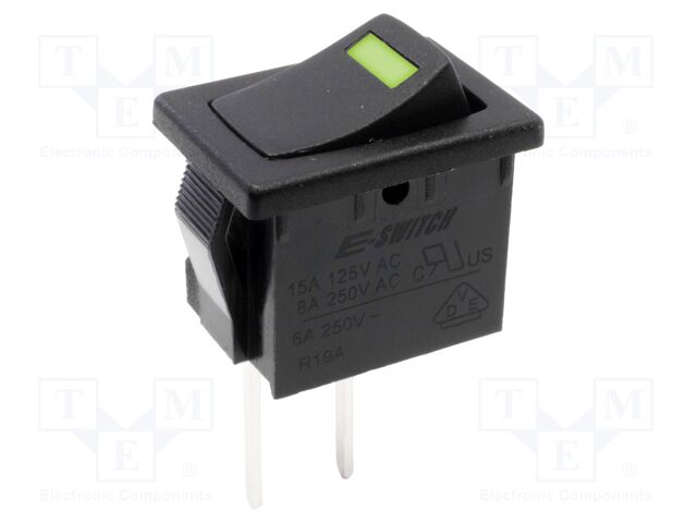 ROCKER; SPST; Pos: 2; ON-OFF; 8A/250VAC; Backlight colour: green