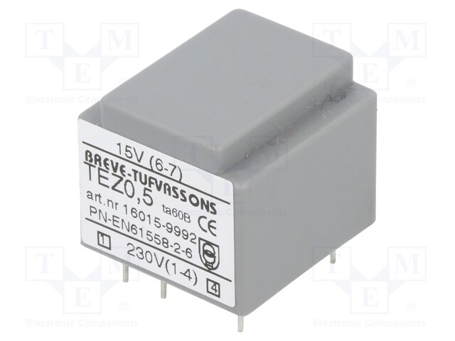 Transformer: encapsulated; 0.5VA; 230VAC; 15V; 33.3mA; IP00; 50g