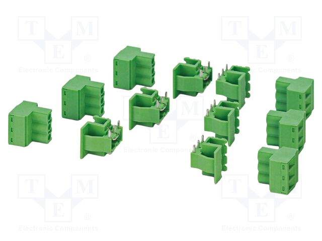 PCB headers, color: green, number of positions: 3, pitch: 5