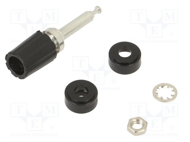 Socket; 4mm banana; 15A; 2500V; black; tinned; on panel; max.115°C