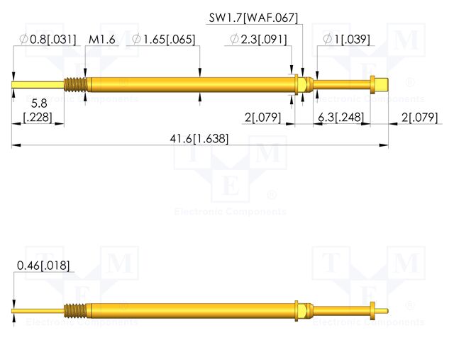 Test needle; Spring compression: 4.4mm; 5mm; 5A; CuBe; gold-plated