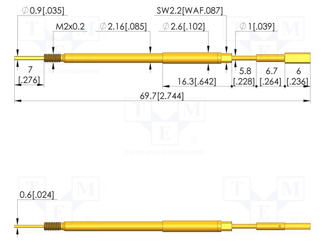 Test needle; Spring compression: 5mm; 5.5mm; 8A; steel; Ø: 2.5mm