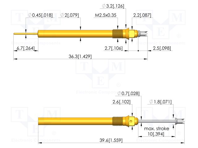Test needle; Spring compression: 6mm; 10mm; 2A; steel; Ø: 1.3mm