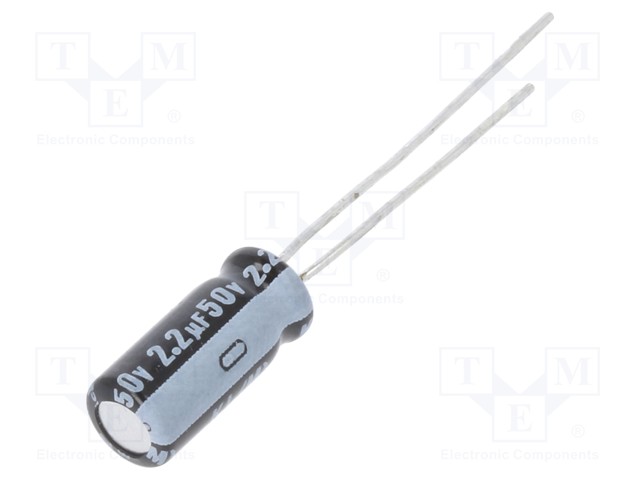 Capacitor: electrolytic; THT; 2.2uF; 50VDC; Ø5x11mm; Pitch: 2mm