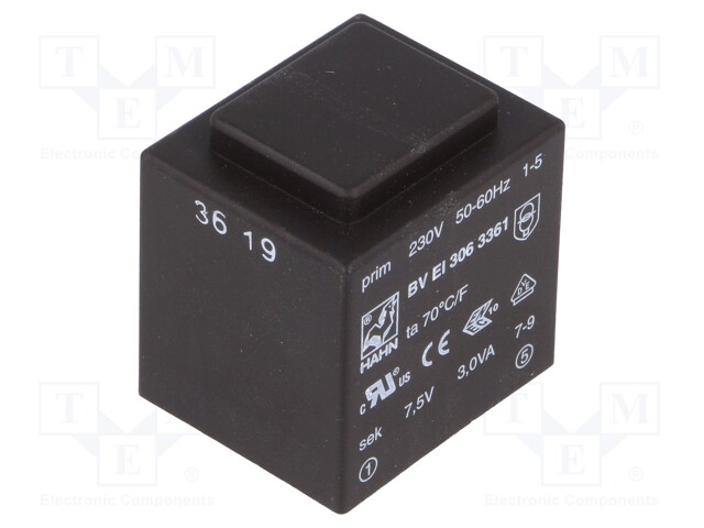 Transformer: encapsulated; 3VA; 230VAC; 7.5V; 400mA; Mounting: PCB