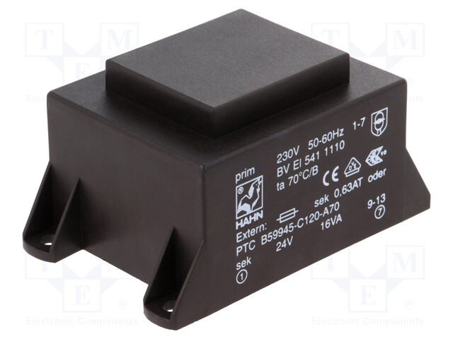 Transformer: encapsulated; 16VA; 230VAC; 24V; 667mA; Mounting: PCB