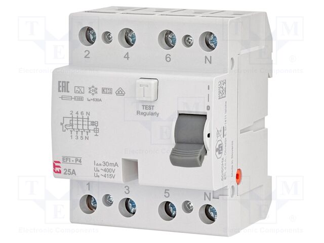 RCD breaker; Inom: 25A; Ires: 30mA; Poles: 4; 400V,415V; IP20; EFI