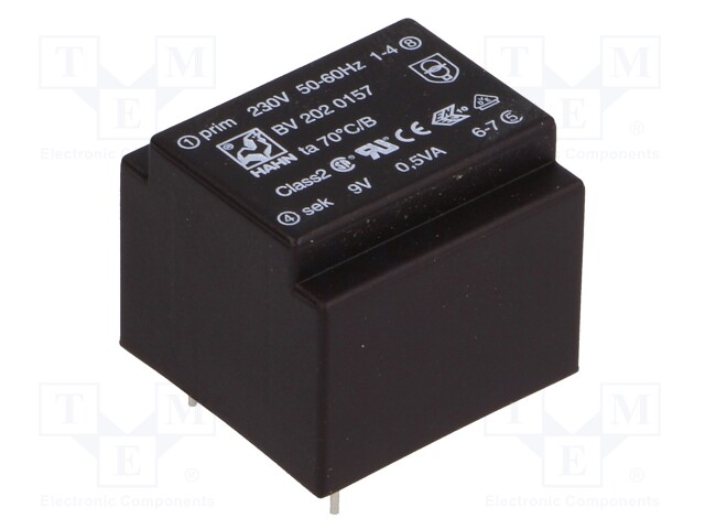 Transformer: encapsulated; 0.5VA; 230VAC; 9V; 55mA; Mounting: PCB