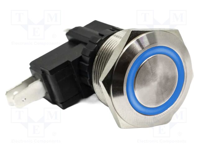 PB SWITCH, SPDT, 15A/250V, 25MM, ILL BLU