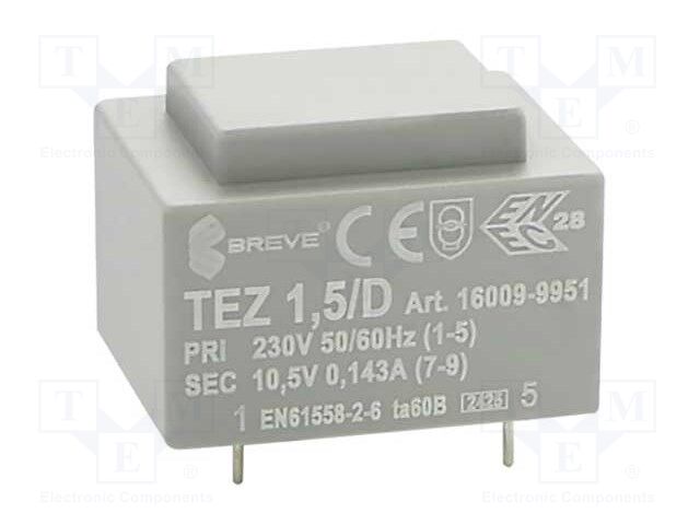 Transformer: encapsulated; 1.5VA; 230VAC; 10.5V; 142.8mA; IP00