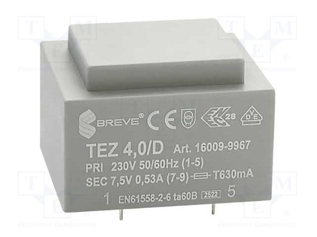 Transformer: encapsulated; 4VA; 230VAC; 7.5V; 533.3mA; IP00; 150g