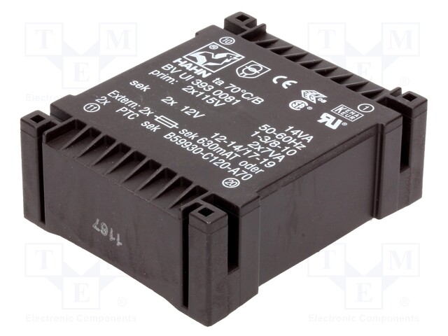 Transformer: encapsulated; 14VA; 115/115VAC; 12V; 12V; 583mA; 583mA