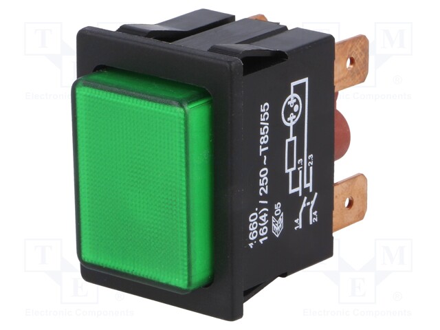 Switch: push-button; Pos: 2; DPST; 16A/250VAC; green; green; IP40