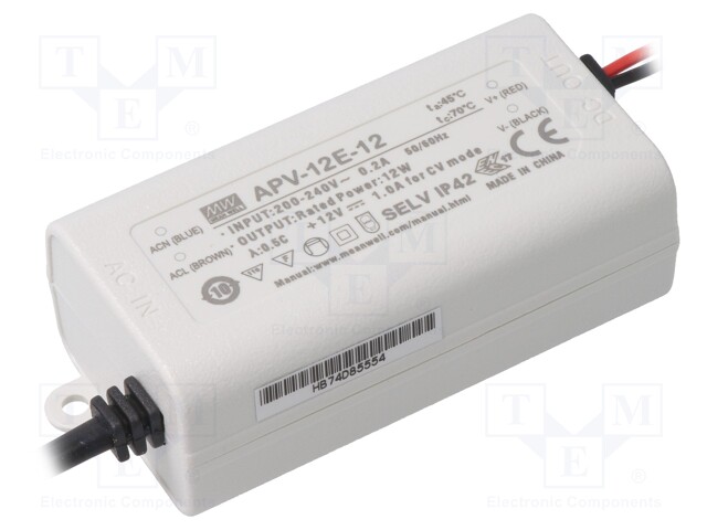 Power supply: switched-mode; LED; 12W; 12VDC; 1A; 180÷264VAC; IP42