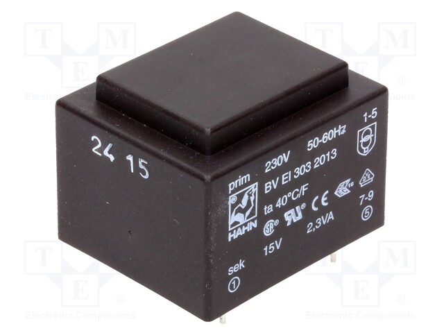 Transformer: encapsulated; 2.3VA; 230VAC; 15V; 153mA; Mounting: PCB