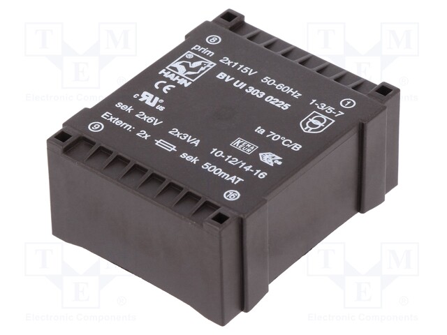 Transformer: encapsulated; 6VA; 115/115VAC; 6V; 6V; 500mA; 500mA