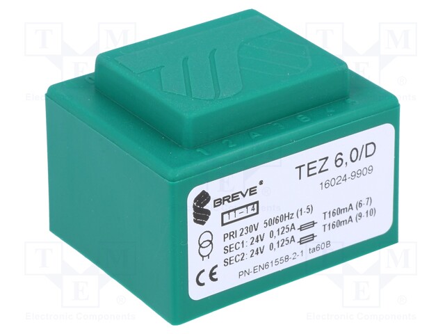 Transformer: encapsulated; 6VA; 230VAC; 24V; 24V; 125mA; 125mA; IP00