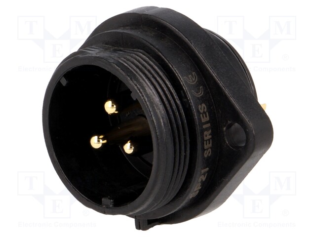 Socket; male; SP21; PIN: 3; IP68; soldering; 500V; 4mm2; 30A; -25÷85°C