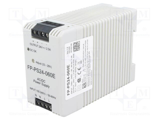 Power supply: switched-mode; for DIN rail; 60W; 24VDC; 23÷29VDC