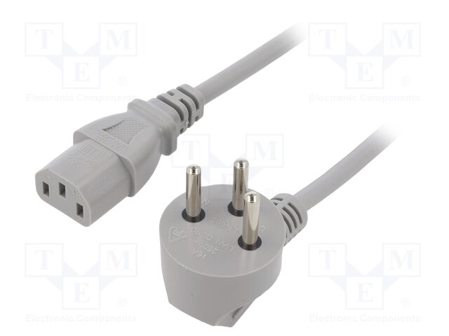 Cable; IEC C13 female,IS1-16P (H) plug angled; PVC; 5m; grey