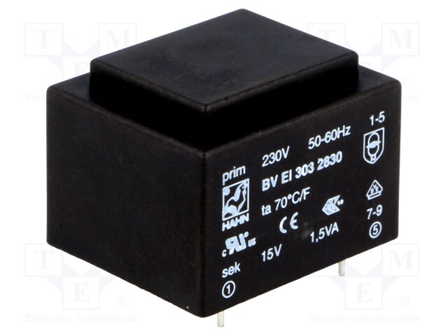 Transformer: encapsulated; 1.5VA; 230VAC; 15V; 100mA; Mounting: PCB