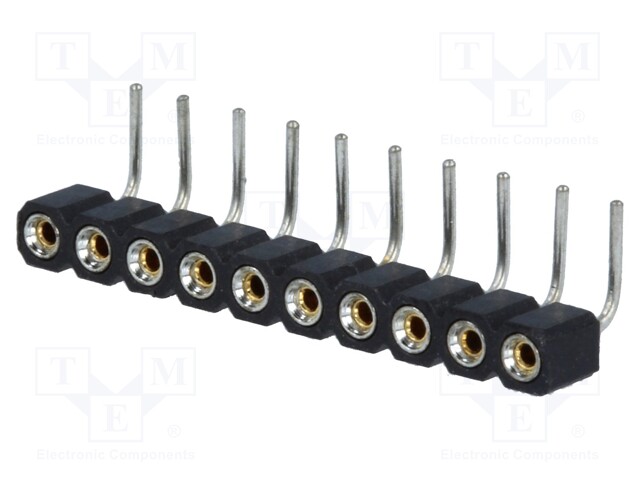 Socket; pin strips; female; PIN: 10; turned contacts; angled 90°