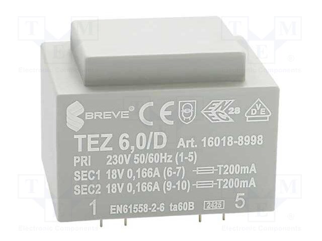 Transformer: encapsulated; 6VA; 230VAC; 18V; 18V; 166.6mA; 166.6mA