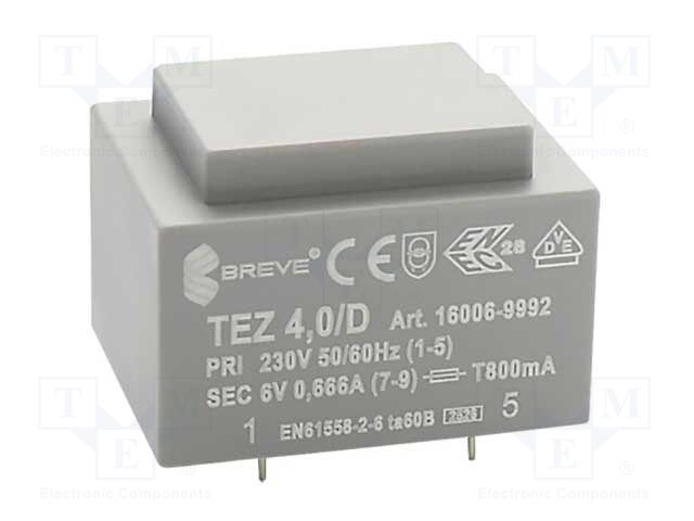 Transformer: encapsulated; 4VA; 230VAC; 6V; 666.6mA; Mounting: PCB